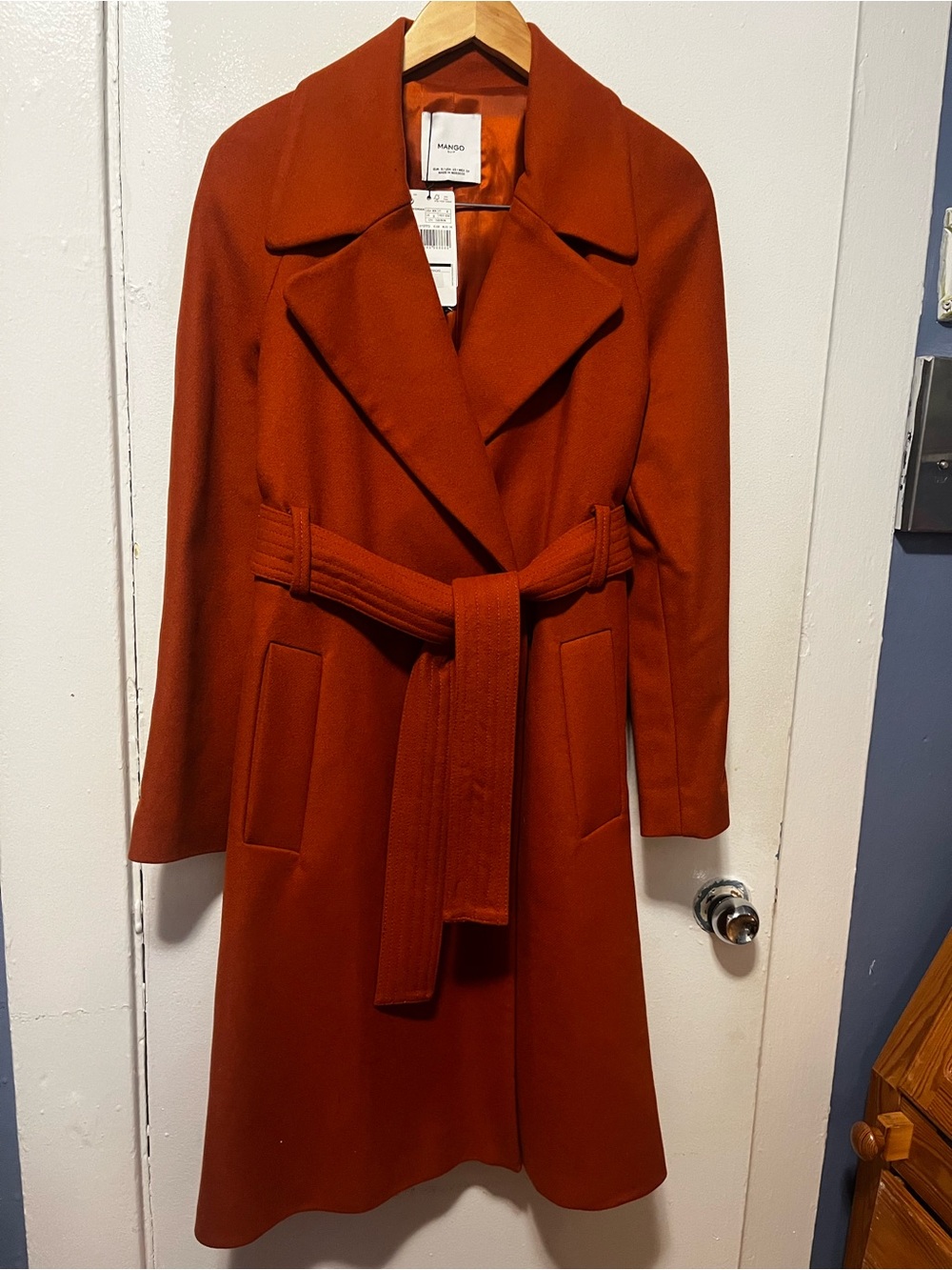 Mango Orange Wool-Blend Belted Coat
